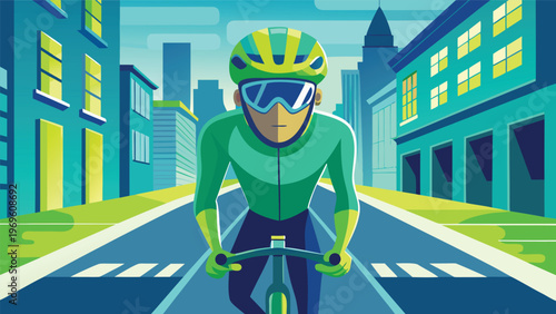 Cyclist rides through city on busy street during bright day with tall buildings in background