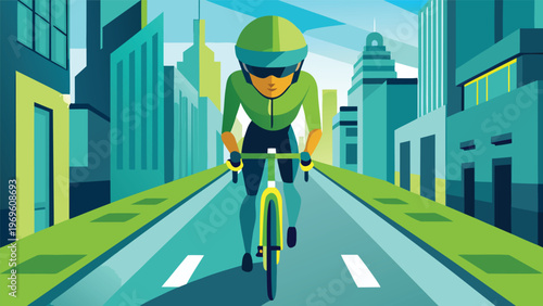 Cyclist rides on a city road with tall buildings and a bright sky in the background during daytime hours