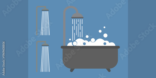 Shower and Tub: A relaxing scene presents a luxurious bathtub filled with bubbly foam, complemented by three modern shower fixtures, ready to invigorate.