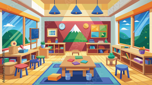 Bright and colorful classroom with a mountain view and active learning spaces for children in a school setting