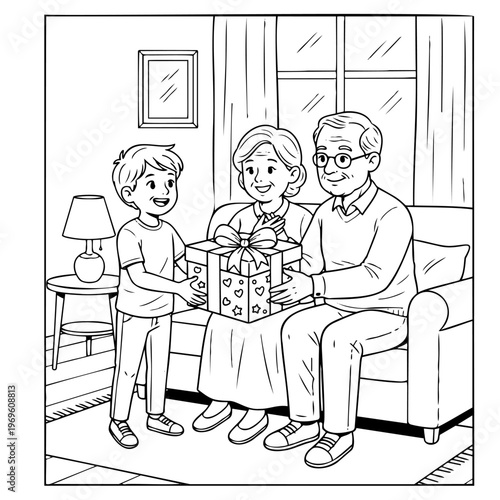 Coloring page of boy giving present to grandmother and grandfather on sofa for intergenerational family themed illustration