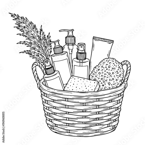 Wicker basket filled with skincare bottles lotions and natural sponge for wellness self care and beauty gift set design