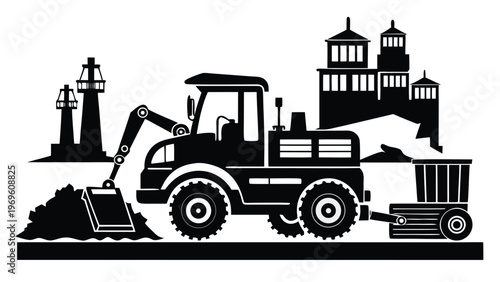 Tractor working at a construction site near lighthouses and buildings during the day