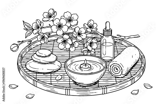Zen composition of massage pebbles aromatherapy oil rolled towel and floating candle with cherry blossom for self care design