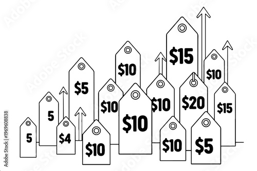 Multiple retail labels with upward arrows showing increasing prices for economic and finance infographic illustration