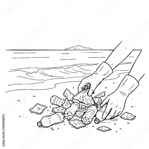 Volunteer wearing gloves picking up bottles and waste from sandy shore with ocean waves for environmental activism illustration
