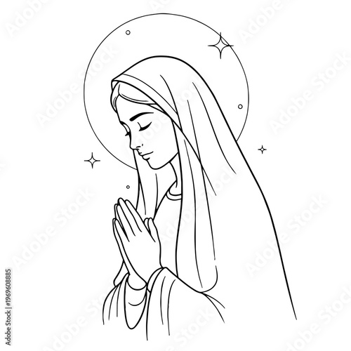 Minimalist line drawing of holy mother in prayer with divine nimbus for Christian faith and spiritual themed illustration