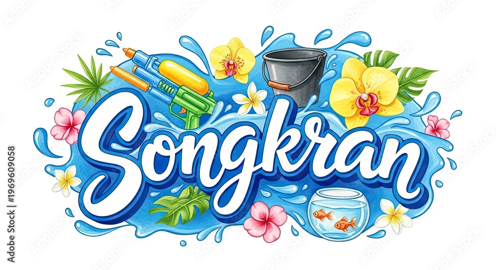 Fototapeta premium Thailand songkran festival vibrant watercolor illustration of traditional water splashing