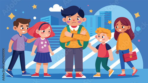 Group of children interacting while one boy shows sadness in a school environment during the day