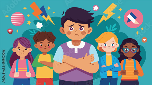 Children display different emotions while standing together in a school setting during a sunny day in a cartoon style