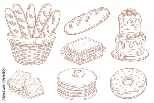 Various types of bread and baked goods illustrations