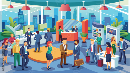 Business people meet and discuss ideas in modern office space with glass walls and city view during daytime hours