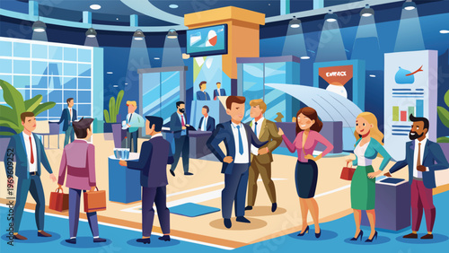 Business professionals engage in conversation and networking at a corporate event in a large conference hall during a trade show
