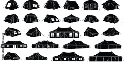 Black silhouette set of camping tent icons featuring various outdoor shelter designs, large event marquees, glamping yurts, and adventure tourism equipment for travel and holiday.