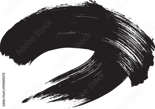 Thick black paint brush stroke curved shape on white background