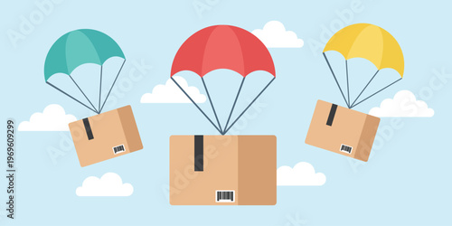 Parachute Delivery: Boxes descend from the sky, carried by parachutes, in a visual metaphor for swift and reliable transport and logistics. 