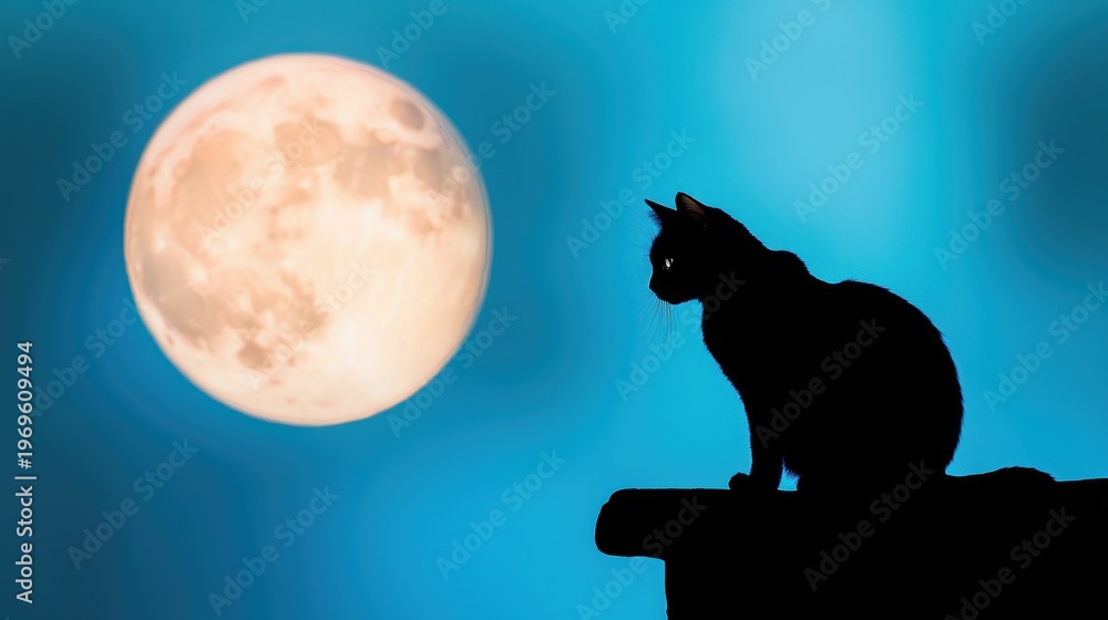 Naklejka premium Black shadow of a cat on a rooftop, silhouetted against the moonlit sky.