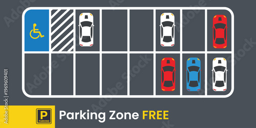Parking Zone Overview: An illustrative view showcasing the arrangement of parking spaces, clearly marking a designated area for disabled individuals and the Parking Zone FREE sign.