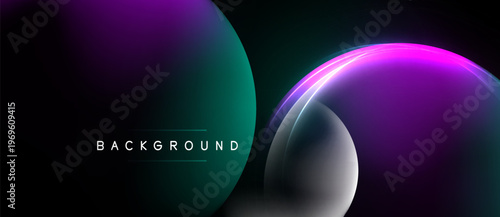 Abstract design features vibrant purple, teal gradients. Overlapping circles create dynamic visual effect. Dark background enhances luminosity.