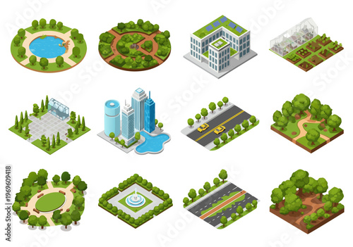 Isometric vector illustration of twelve serene urban parks, roads, cityscape, greenhouse, tennis court