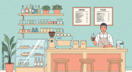 Cheerful vector illustration of barista cafe counter with pastries cozy teal interior view