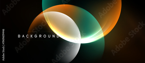 Abstract design features overlapping circles, orange, teal, white hues. Dark background enhances vibrant color contrast, modern aesthetic.