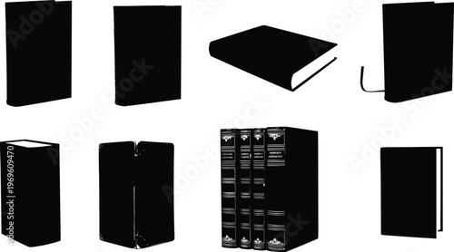 Book silhouettes collection, open and closed books, black icons, educational design, literature concept, library illustration, reading symbol, publishing graphic, study encyclopedia art\