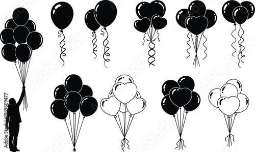Black silhouette set of balloons bundle featuring heart shapes, round party balloons, person holding large bunch, and decorative floating balloon icons for celebratory graphic design.