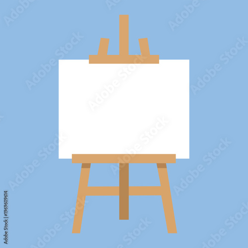 Blank Canvas: A simple wooden easel stands ready with a pristine white canvas, inviting creativity. Its form, highlighted against the calming backdrop of the sky-blue palette.
