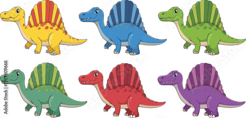 Cute spinosaurus dinosaurs cartoon set, colorful prehistoric animals, kids illustration, playful dino characters, educational design, adorable reptiles, vector collection, fun, bright, friendly