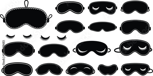 Black silhouette set of sleep mask icons featuring various eye covers with eyelashes, decorative ruffled edges, and adjustable straps for travel, relaxation, and bedtime health.