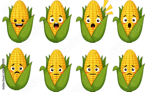 Cute corn cartoon characters set, kawaii vegetable mascots with different emotions faces, funny healthy food vector illustration for kids design