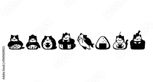 Kawaii sushi cat vector collection cute minimalist kitten japanese food characters with mochi dessert flat design