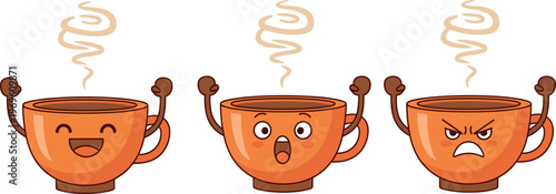 Cute coffee cup cartoon characters set, kawaii hot drink mascots with different emotions, funny beverage vector illustration for cafe menu design