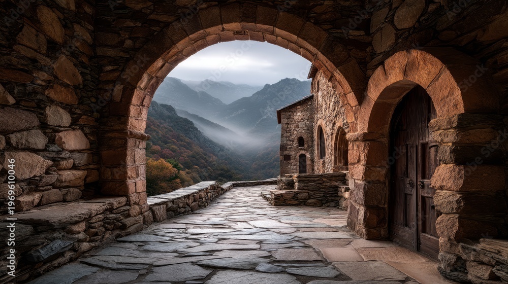 Fototapeta premium Ancient Stone Archway Leading to Hidden Monastery in Misty Mountain Scene