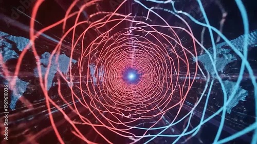 Abstract digital tunnel with glowing lines and world map elements