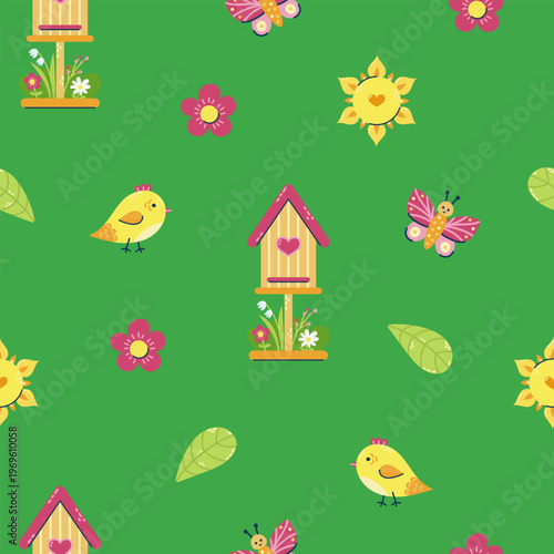 Seamless pattern with bird Chicken and birdhouse on green background. Seasonal hand drawn card, poster, web banner. Vector illustration.