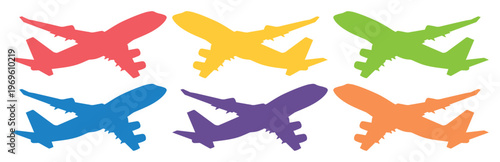 Colorful airplane silhouettes, a vibrant collection of six aircraft icons. Brightly colored vector planes for travel, aviation, and global transportation concepts.