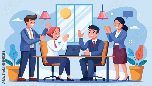 Team members celebrate success in office during afternoon meeting with computer and sunny window view