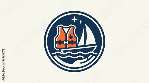 Nautical Emblem with Life Vest and Sailboat