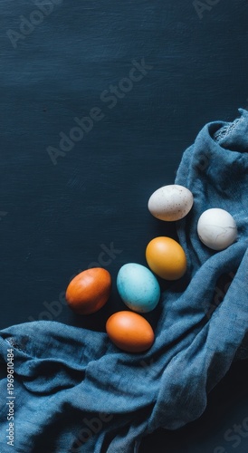 Colorful easter eggs on dark blue background with fabric drape