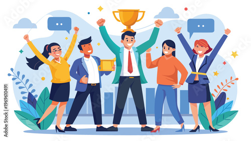 Team celebrates success after winning a competition at an office event in the afternoon