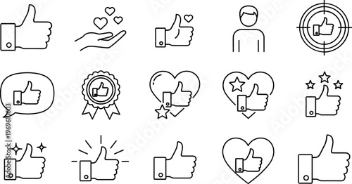 Like and approval line icons set with thumbs up hearts rating feedback symbols outline vector for social media UI design