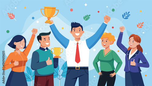 Group celebrates victory as man holds trophy high in joyful gathering with friends