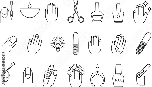 Nail Manicure Icon Set, Black Thin Line Beauty and Nail Care Symbols Collection, Vector Illustration for Salon, Spa, Cosmetic Services, Grooming, Pedicure and Beauty Treatment Design