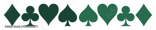 Green Playing Card Suits Vector Set. Classic Casino Game Symbols, Hearts, Spades, Diamonds, Clubs. Gambling and Entertainment Graphic Resource for Web Design and Print.