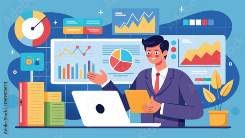 Businessman gives presentation with charts and graphs while using laptop in office space