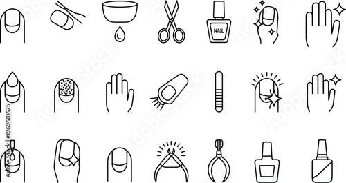 Nail Manicure Icon Set, Black Thin Line Beauty and Nail Care Symbols Collection, Vector Illustration for Salon, Spa, Cosmetic Services, Grooming, Pedicure and Beauty Treatment Design