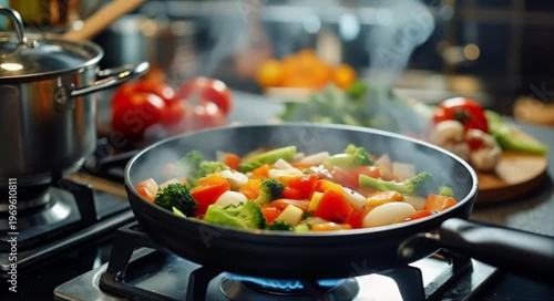 Fresh vegetables sizzling in a pan on a gas stove, creating a healthy and vibrant meal.