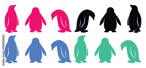 Colorful penguin vector silhouettes, a set of 12 playful arctic bird illustrations in various poses, ideal for children's designs, educational materials, and winter-themed projects
